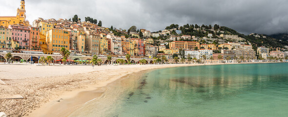 menton, France - 04-01-2024: high angle viewof The beautiful beach of Menton with turquoise water...