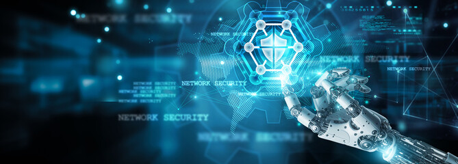 Network security, Hands of robot touch firewalls and servers, security icon, Constantly monitoring suspicious activity, Network traffic, Threats, Vulnerabilities, Intrusions, Prevention, Detection.