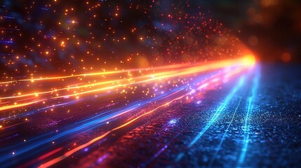 Vector Abstract, science, futuristic, energy technology concept. Digital image of light rays, stripes lines with blue light, speed, and motion blur over dark blue background