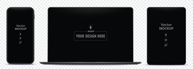 Tablet PC, Laptop computer and mobile phone with black screen. Blank digital devices vector mockup designs isolated on transparent background.