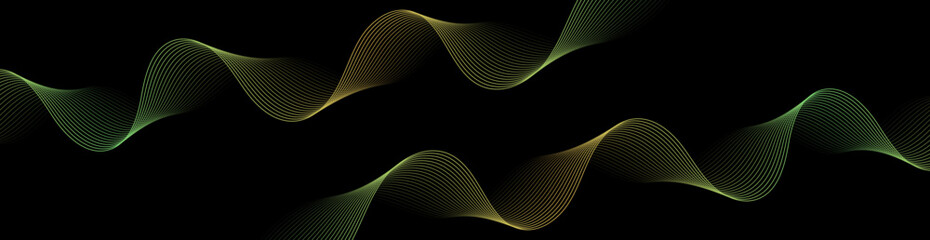 Abstract background with waves for banner. Web banner size. Vector background with lines. Element for design isolated on black. Black, yellow and green gradient. Night, dark