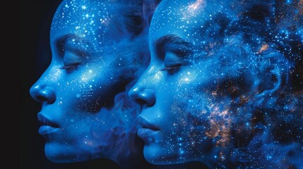 Two women with blue faces and stars in their hair, AI