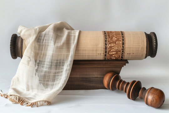 Traditional Jewish Torah Scroll Adorned With a White Tallit for Shavuot Celebration