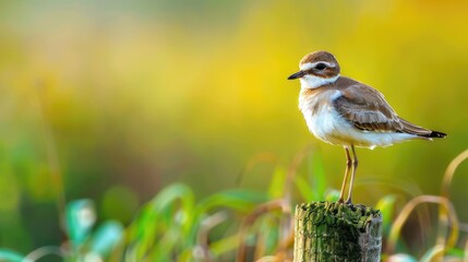 Greater sand plover perched on a wooden stick with a green grass background