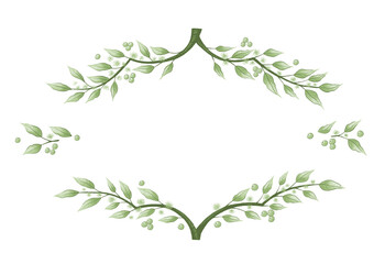 Cartoon painted frame made of green leaves and berries. Fairy tale forest. Illustration on a transparent background, hatching, vintage clipart.