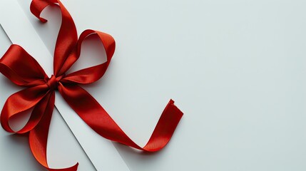 a red ribbon with a delicate bow on a pristine white background in a close-up view, devoid of any text or graphic elements, perfectly centered in the composition.