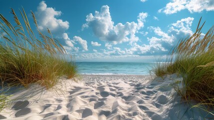 Sandy Beach With Grass and Ocean Background