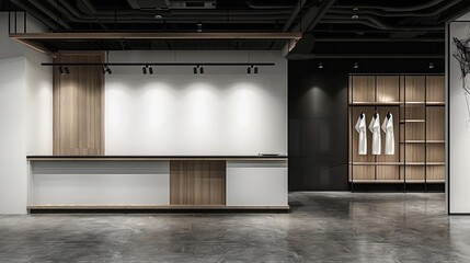 a store interior design featuring a fusion of white and dark brown styles against gray walls, illuminated display counters, and tables adorned with an array of items.