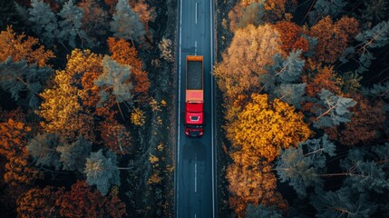 Red Truck Driving Through Forest