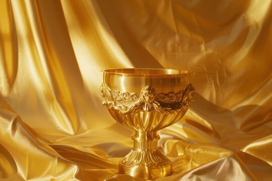 A gold bowl sits on a gold cloth. The cloth is also gold and has a shiny