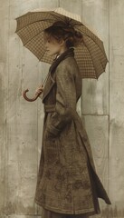 Woman With Umbrella Standing in Front of Wall