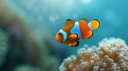 This is a beautiful underwater photo of a clownfish swimming near an anemone. - Powered by Adobe