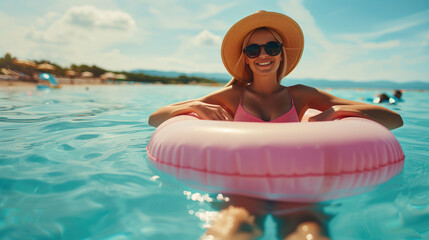 Smiling woman in sunglasses and a hat floating in a pool with a pink inflatable ring.