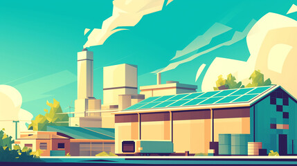 Uma fábrica moderna com máquinas trabalhando em alta velocidade na produção de energia sustentável. - Ilustração