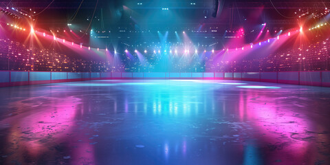 Obraz premium Empty skating rink illuminated with bright colorful lights and reflections
