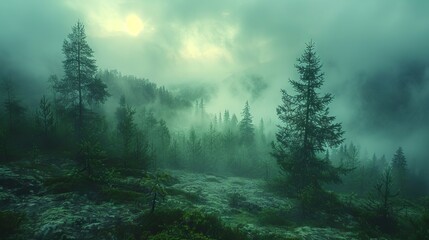 A foggy forest with trees and fog. - Powered by Adobe