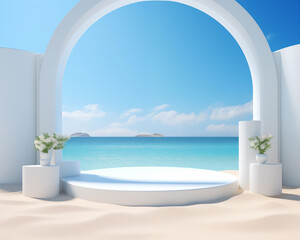 Fototapeta premium Empty simple background for presentation with wall and podium.