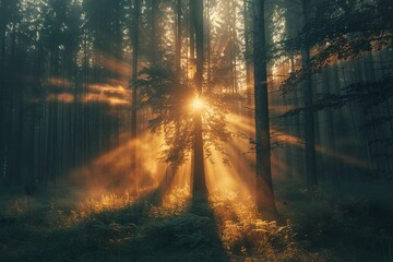 Obraz premium A sun shining through trees in a forest.