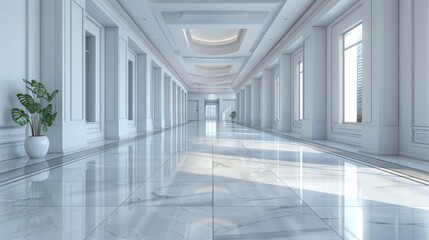 Naklejka premium A long hallway with white walls and a potted plant, AI