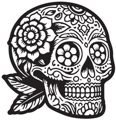 Black Tattoo Sugar Skull Outlines. Vector of painted flowers Decorated Skull for Day of the Dead suga skull in Svg, PNG, Clipart, illustration for Crafts, Scrapbooking, and creative projects.
