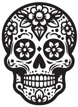 Black Tattoo Sugar Skull Outlines. Vector of painted flowers Decorated Skull for Day of the Dead suga skull in Svg, PNG, Clipart, illustration for Crafts, Scrapbooking, and creative projects.