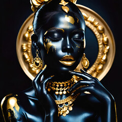 Obraz premium fashion photograph of a beautiful model completely covered in black paint, with gold jewelry on a black background, illustration for the fashion world