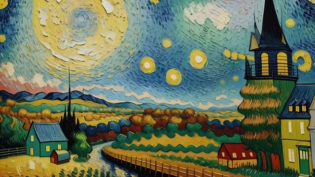 Countryside landscape at day, impressionist oil painting. Village and fields, houses in valley and beautiful sky. Animation with image transformations and metamorphose. AI generated video