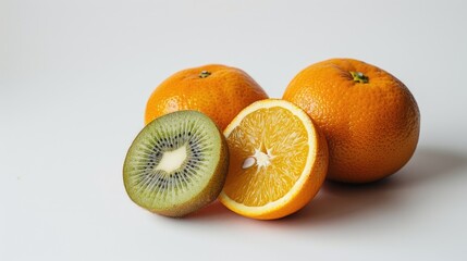 Oranges and kiwi ready for eating on a plain white surface
