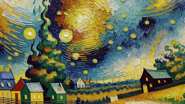 Countryside landscape at day, impressionist oil painting. Village and fields, houses in valley and beautiful sky. Animation with image transformations and metamorphose. AI generated video