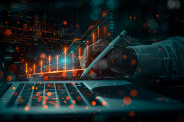 Businessman using a laptop and holding a pen to write on a virtual screen