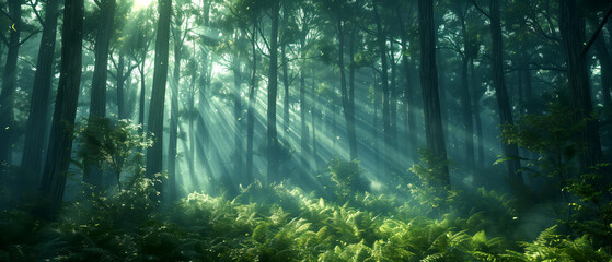 A majestic redwood forest with shafts of sunlight filtering through the canopy