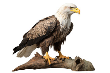 A large eagle is perched on a branch. The bird has a fierce look on its face, and its feathers are ruffled. The scene is serene and peaceful, with the eagle standing tall and proud on the branch