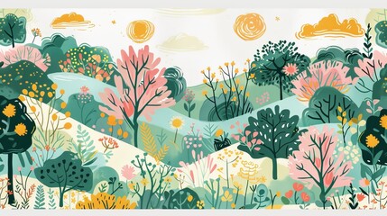 Tranquil summer landscape pattern textile background for fabric and print design
