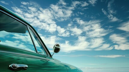Obraz premium Green car viewed in the rear mirror against a backdrop of the blue sky