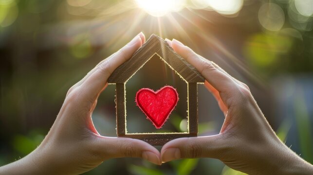 Handmade palm house structure with red heart, symbolizing love and creativity in crafted artwork