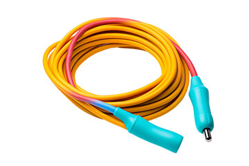 A yellow and blue cable with a blue connector. The cable is long and thin. The cable is not connected to anything