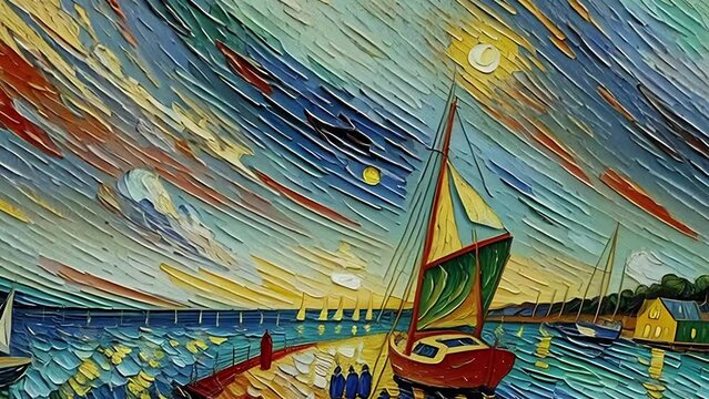 Seascape with sailboat at day, impressionist oil painting. Animation with image transformations and metamorphose. AI generated video