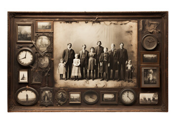A family portrait with a clock in the background. The family is posed in a group, with a young girl in the center. The photo is black and white and has a vintage feel