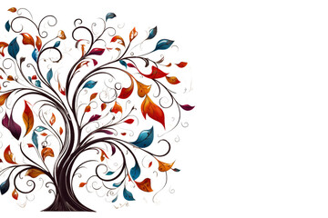 A tree with leaves of different colors and a white background. The tree is the main focus of the image