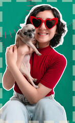 Young girl is sitting, she holds her pet chihuahua dog, they pose for photo. copy space