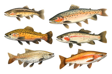 A collection of different types of fish, including rainbow trout, are shown in various sizes and colors