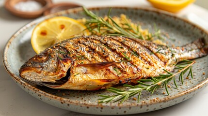 Web banner format of grilled dorada fish on a plate
