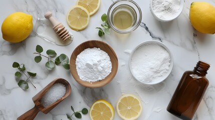 A tutorial setup showing ingredients like vinegar, baking soda, and essential oils being mixed to...