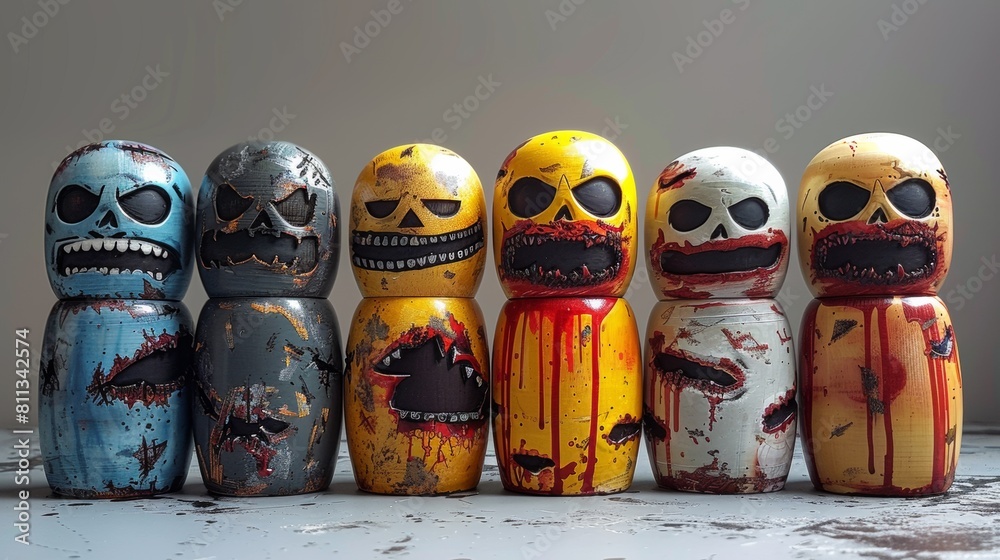 Canvas Prints A row of evil wooden toys with painted faces and mouths, AI