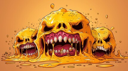 Three cartoon skulls with yellow liquid dripping from their mouths, AI