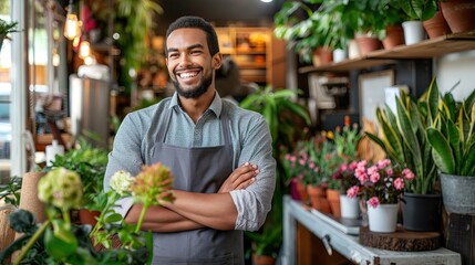 a smiling male florist standing amidst colorful blooms in a flower shop, wearing a grey apron, gazing thoughtfully away, embodying the spirit of entrepreneurship in a small floral business.