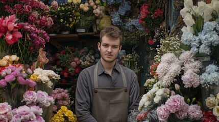 a smiling male florist standing amidst colorful blooms in a flower shop, wearing a grey apron, gazing thoughtfully away, embodying the spirit of entrepreneurship in a small floral business.