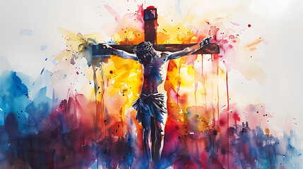 Crucifixion of Jesus, watercolour illustration, Jesus Christ on a cross