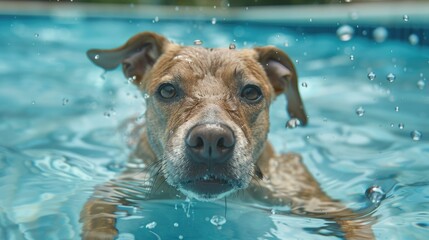 Potcake dog plunging into pool