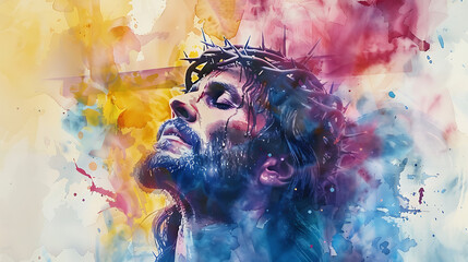 Crucifixion of Jesus, watercolour illustration, Jesus Christ on a cross